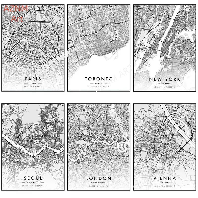 Home Decor New York - 都市地図アートワークポスターパリニューヨークキャンバス絵画HDプリント白黒地図ウォールアート写真リビングルーム家の装飾
