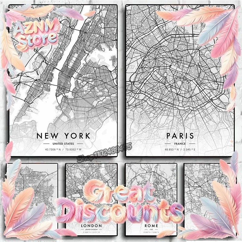 Home Decor New York - 都市地図アートワーク パリ ニューヨーク HD印刷 白黒地図 キャンバス絵画