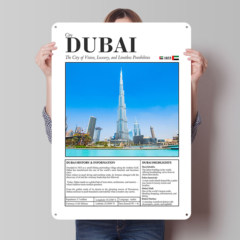 Home Decor Dubai - ドバイ都市景観旅行プリントポスターカスタマイズされたレトロな壁アートヴィンテージ金属ブリキ看板家のインテリア装飾リビングルーム用