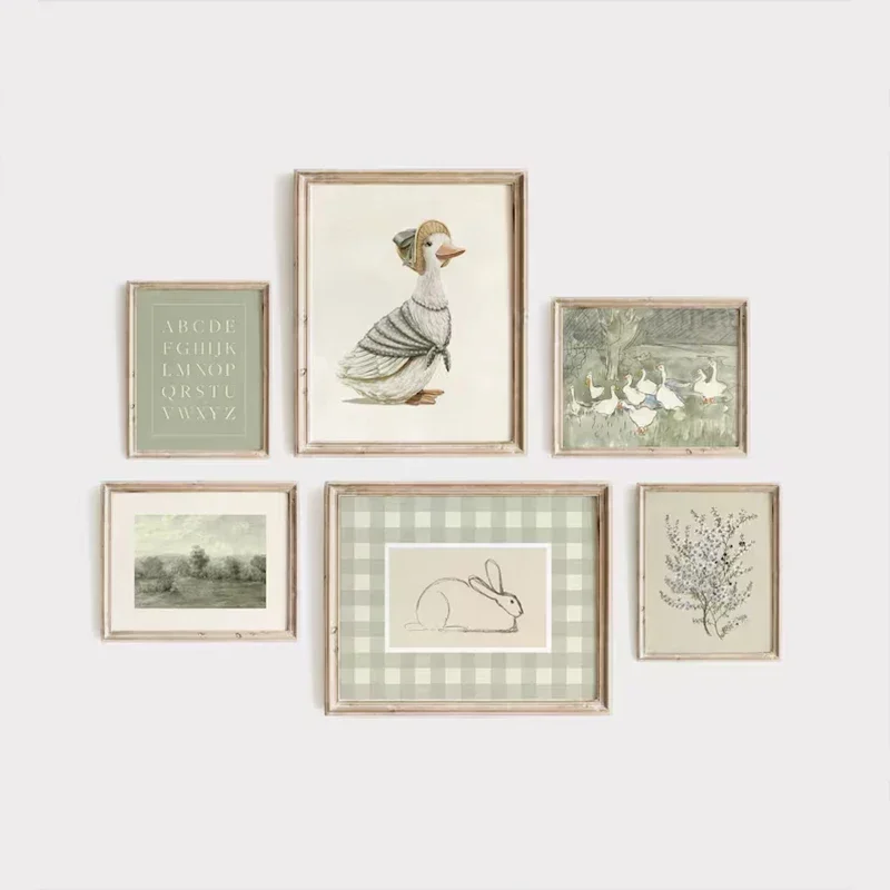 Home Decor Duck - グリーンボヘミアン保育園ギャラリーウォールポスターセージバニーとアヒル早期学習キッズルームベッドルームリビングルーム装飾壁A