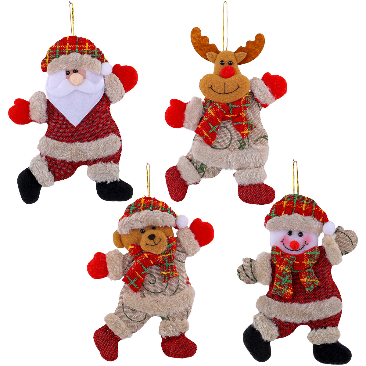 Home Decor Fabric - 4個セット漫画風クリスマスツリーオーナメント、クリスマスツリー用布製デコレーション、サンタクロース、雪だるま、鹿の吊り下げギフト