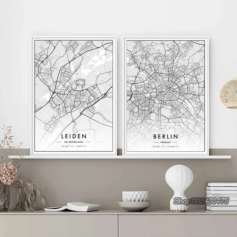 Home Decor New York - 都市地図パリニューヨークキャンバス絵画ポスターHD印刷白黒地図ウォールアート絵画リビングルーム寝室家の装飾