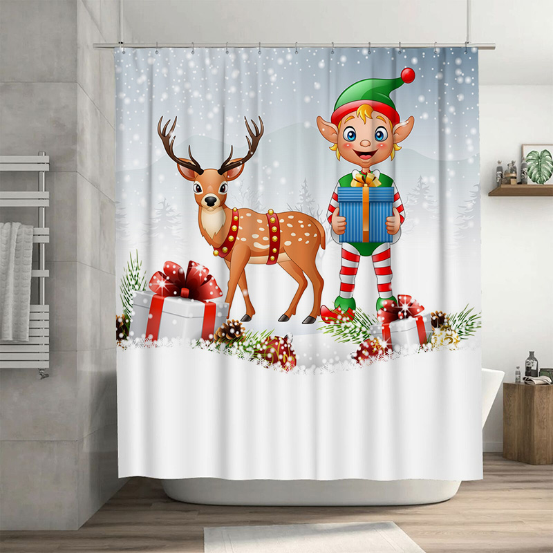 Home Xmas Decor Ideas - TUクリスマス鹿シャワーカーテン、お祝いのホリデーフォレストアニマル、バスルーム装飾背景、防水ホリデーホームクリスマスギフトアイデア