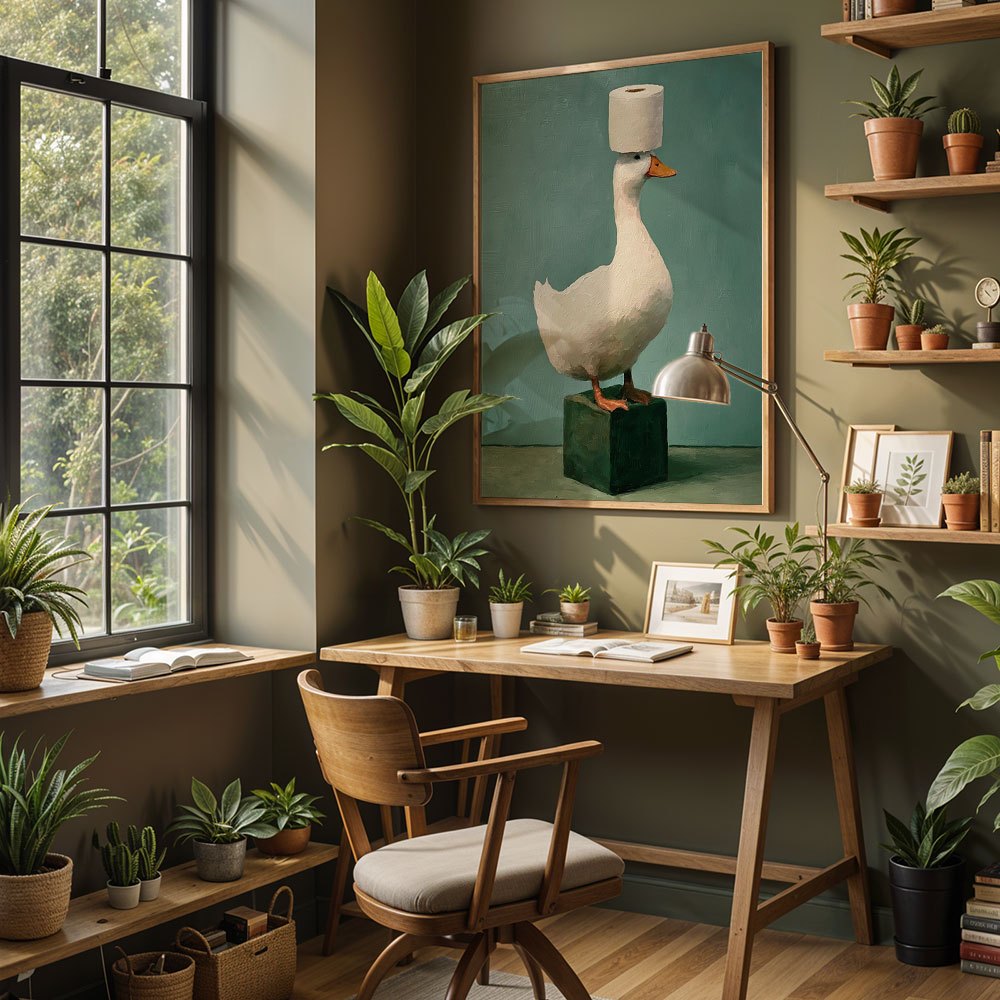 Home Decor Duck - アブストラクト油絵キャンバスウォールアート、トイレットペーパーを持ったアヒル、寝室やリビングルームの面白い家の装飾、2Dプリントポスター