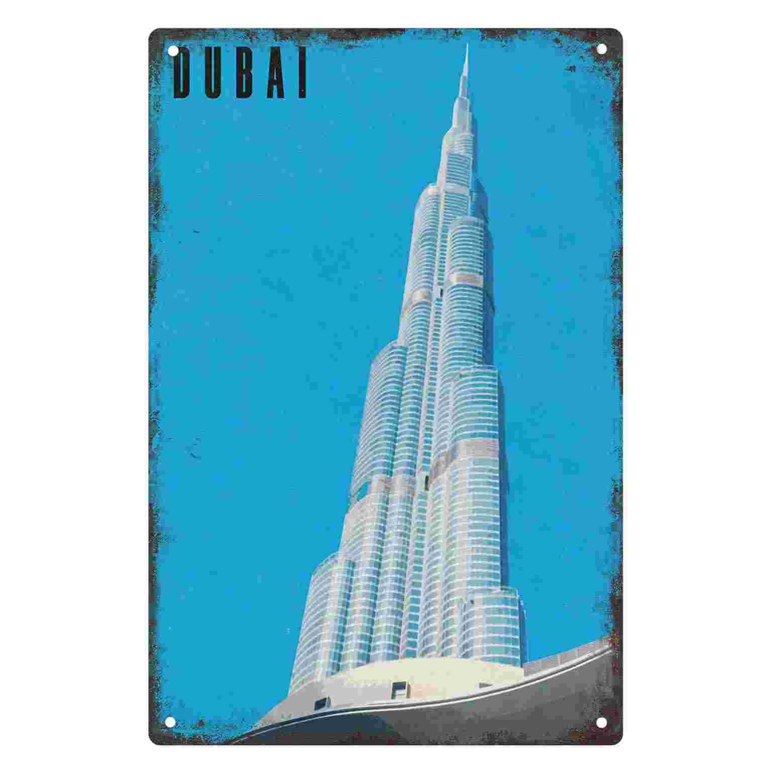 Home Decor Dubai - 2Dフラット1枚入り「ドバイ・ブルジュ・カリファ・ヴィンテージ・トラベルポスター」メタルウォールサイン装飾、家庭、カフェ、ガレージ、寝室、ポーチ、庭用
