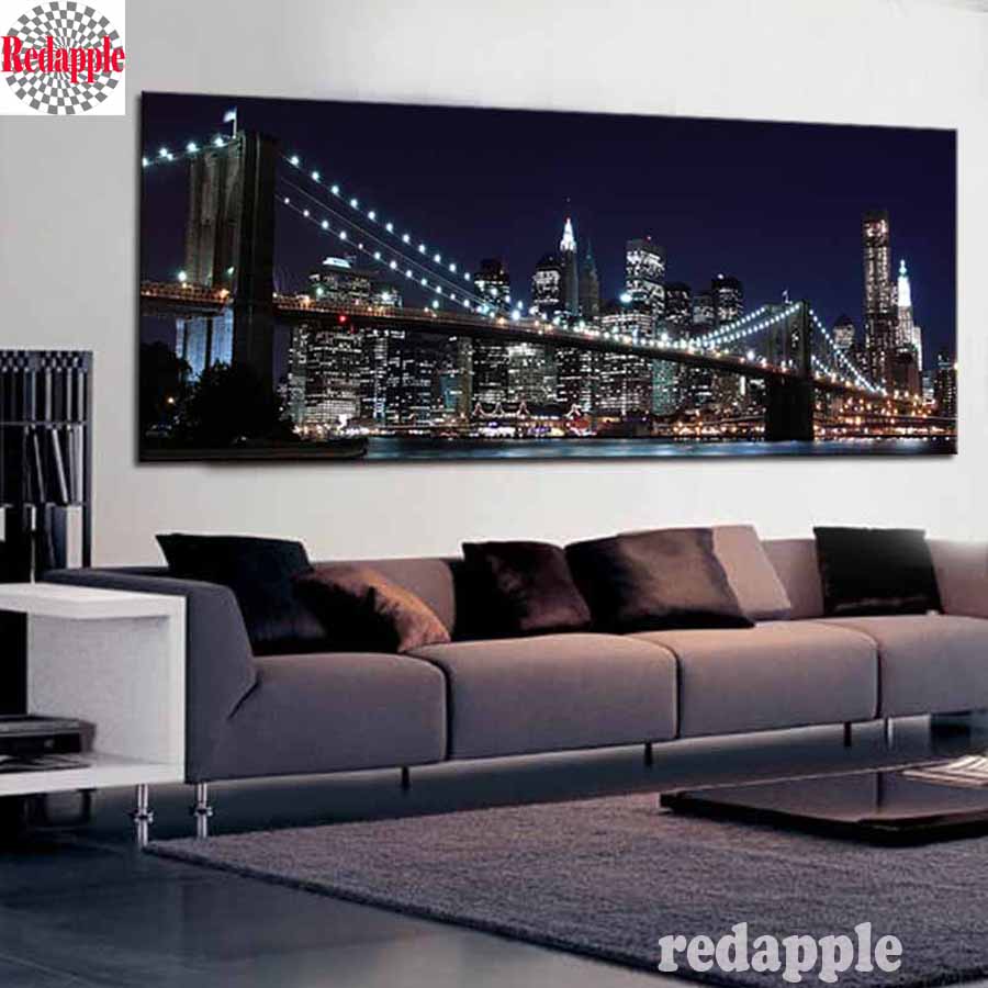 Home Decor New York - ダイヤモンド絵画ダイヤモンド刺繍、ニューヨーク、ブルックリン橋、装飾写真、ラインストーンシティナイト、ホームデコレーション、5D