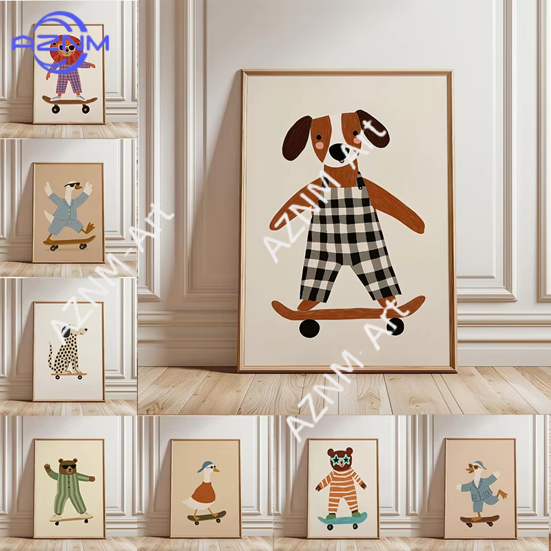 Home Decor Duck - 1PC 面白い動物スケートボードポスタートレンディなガチョウアヒル犬スケートキャンバス絵画壁アートベビー保育室家の装飾用