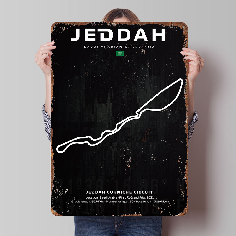Home Decor Jeddah - ジェッダサーキットマップポスター カスタムウォールアート ヴィンテージメタルサイン レトロブリキ看板 マンケイブ モダンホームデコレーション