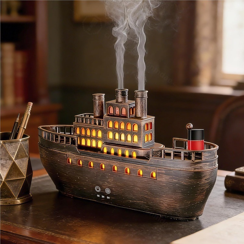 Home Decor Outlet - レトロ蒸気船超音波アロマディフューザーデュアルミスト出口暖かい光ホームデスクトップ加湿器クリエイティブ装飾飾り