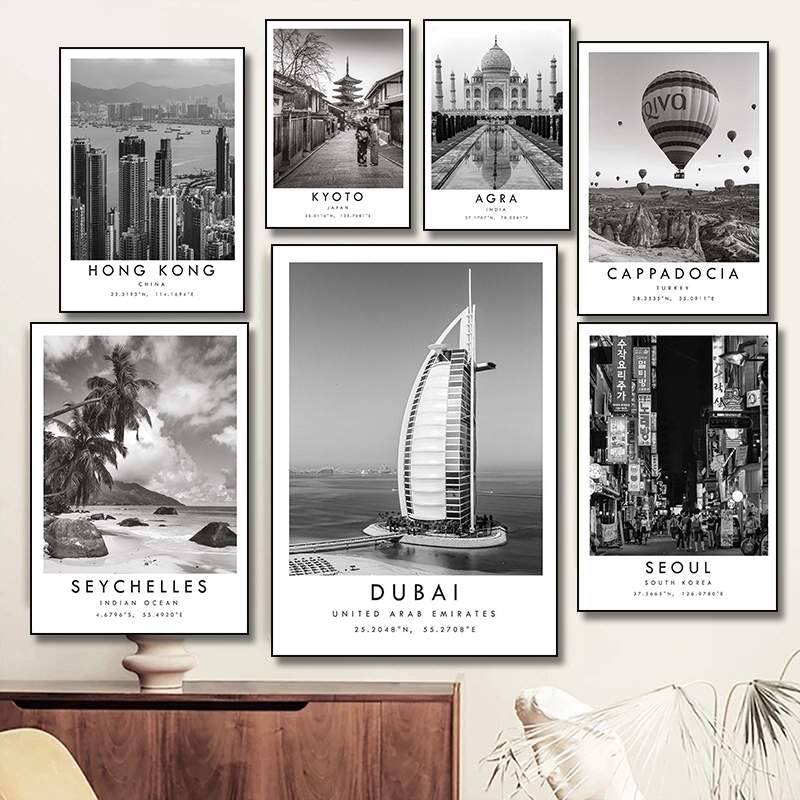 黒白旅行都市ポスタードバイソウル香港トルコ東京プリントキャン - Home Decor Dubai のレビューと価格