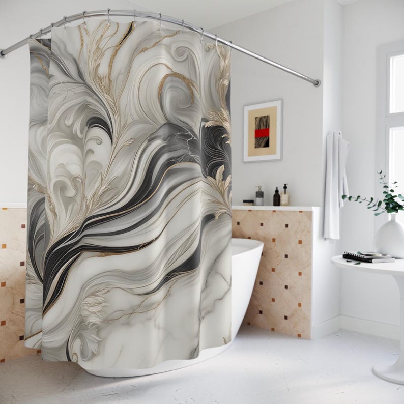 高級大理石石イリュージョンシャワーカーテン - 71x74イ - Home Decor Expo のレビューと価格